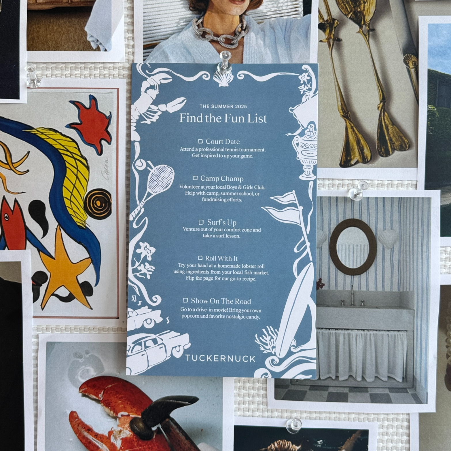 Pin-up board featuring a blue card titled “THE SUMMER 2025 – Find the Fun List,” highlighting classic, effortless summer adventures from Metrobazaarstore's high-end, fun collection.