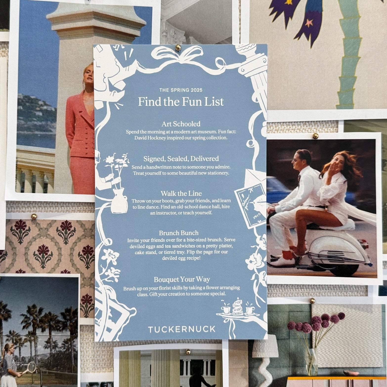 Pin-up board featuring Metrobazaarstore's Find the Fun List for Spring 2025, surrounded by classic, high-end, and effortlessly fun vintage-style images and activity inspirations.