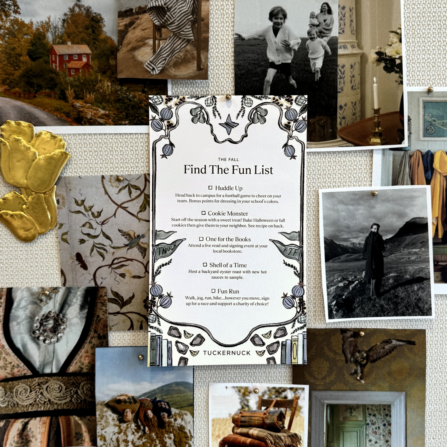 A classic fall-themed mood board with Metrobazaarstore's Find The Fun List card, nostalgic photos, and high-end decorative pins, evoking effortless seasonal inspiration.