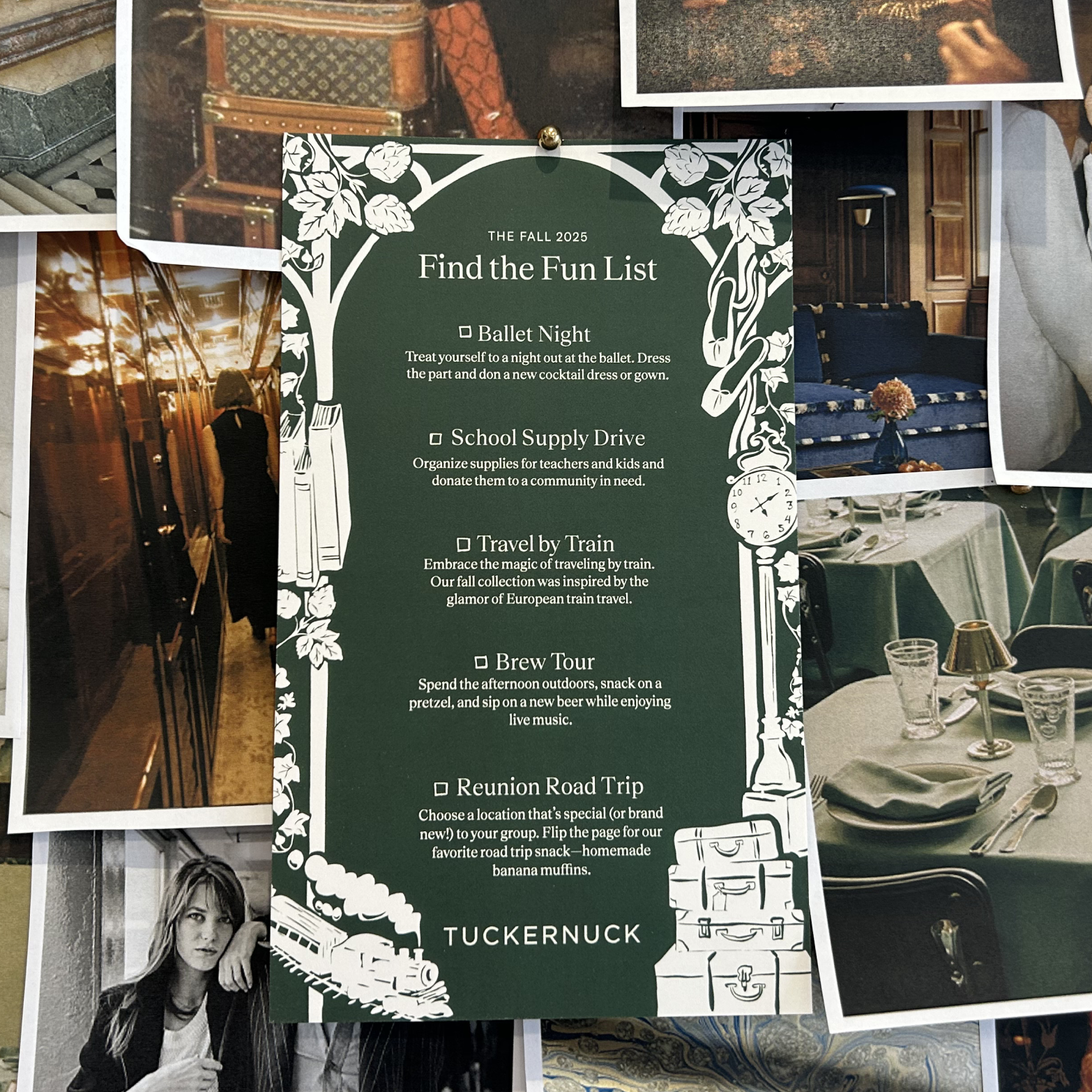 Mood-board featuring Metrobazaarstore's The Fall 2025 Find the Fun List with classic, effortless autumn activities, framed by high-end, illustrative details.