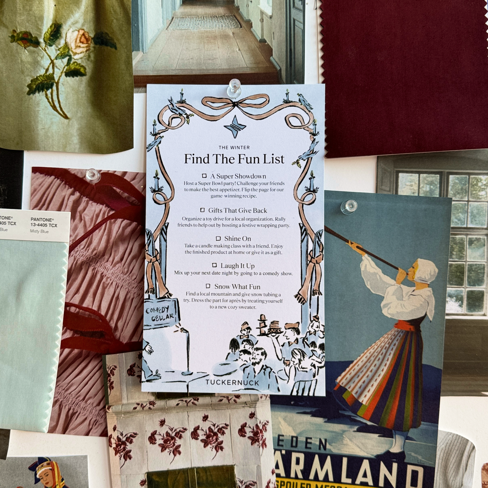 Mood board featuring Metrobazaarstore's Find The Fun List with fabric samples, color swatches, and vintage-style imagery, evoking classic, effortless, high-end winter activities.