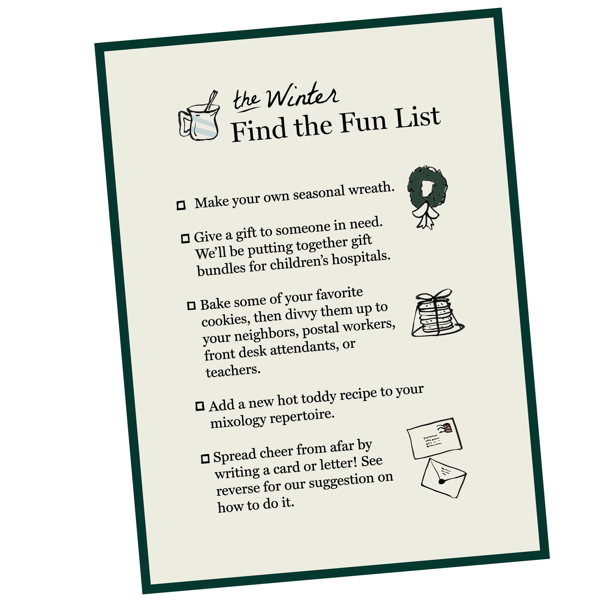 Decorative Winter Find the Fun List features classic winter activities with charming illustrations: wreath-making, gifting, cookie baking, mixology, and letter writing for effortless seasonal enjoyment.