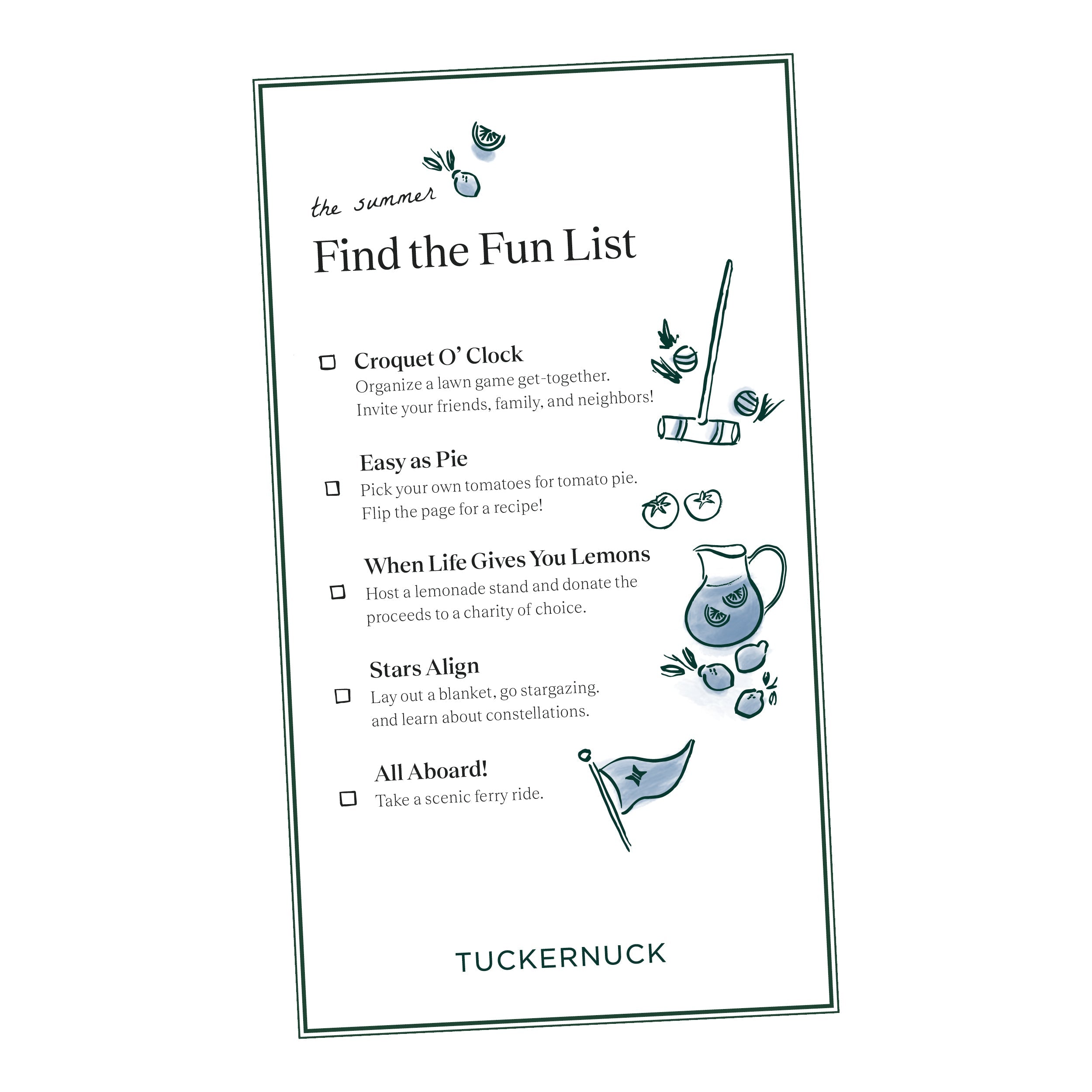 Illustrated summer bucket list with five fun, effortless activities: croquet, tomato picking, lemonade stand, stargazing, and ferry ride. Metrobazaarstore's classic, high-end flair.