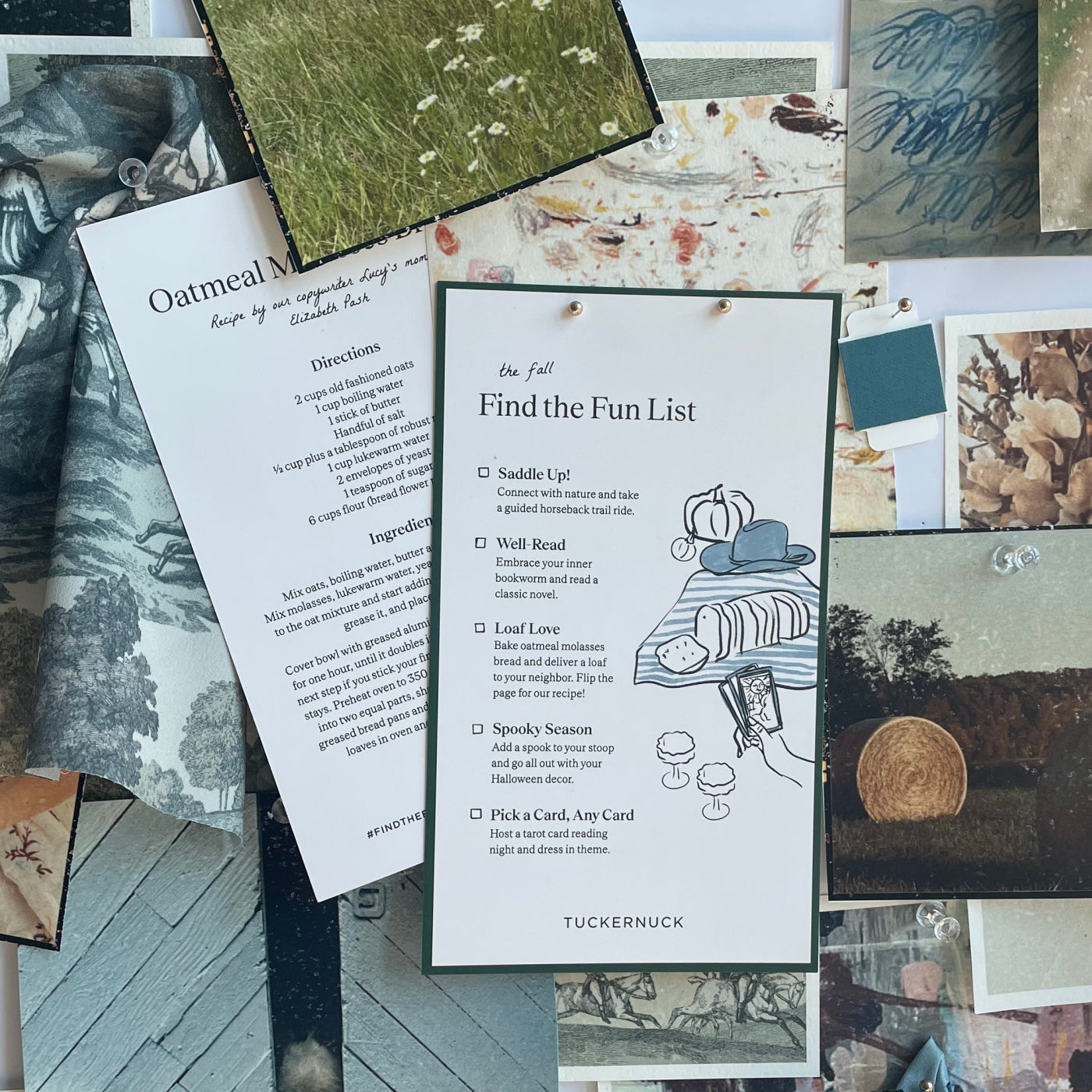 A mood board with Metrobazaarstore's Find the Fun List for autumn, including activities like horseback riding and baking classic oatmeal molasses bread.