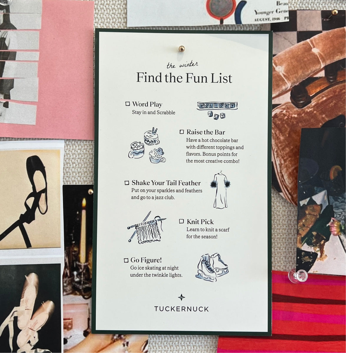 A classic mood-board featuring Metrobazaarstore's Winter Find the Fun List with playful, high-end activities like Scrabble, hot chocolate bars, and night ice-skating.