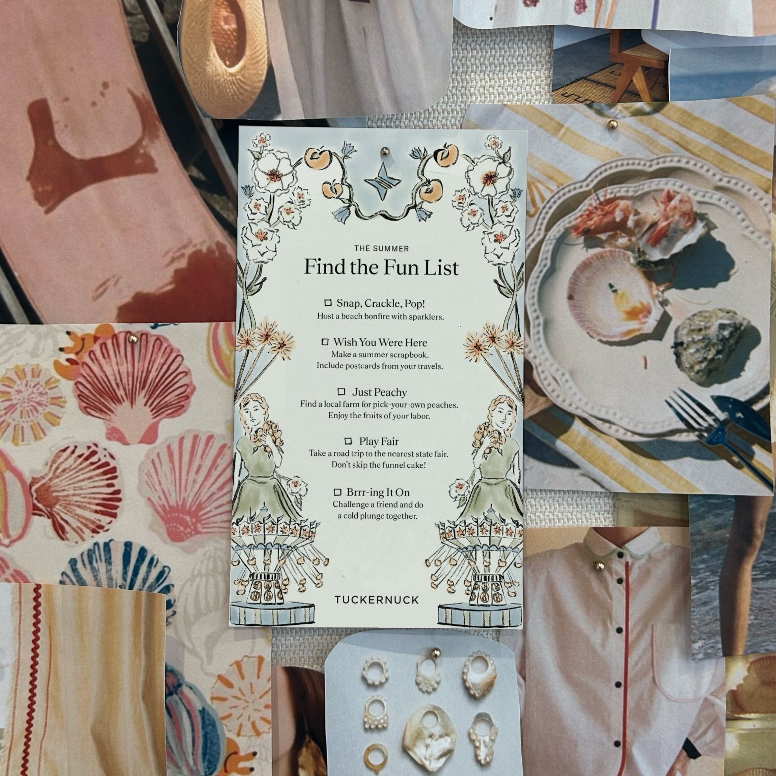 Summer-themed mood board by Metrobazaarstore featuring a fun to-do list, classic seashells, seafood, a light shirt, summery fabrics, and pearl jewelry.