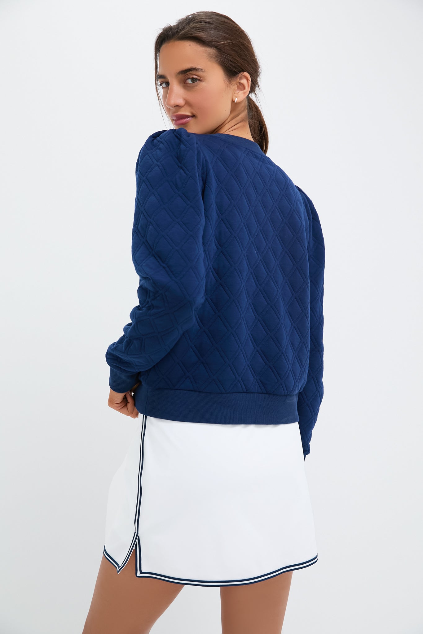 Navy Puff Sleeve Quilted Stretch Campbell Pullover