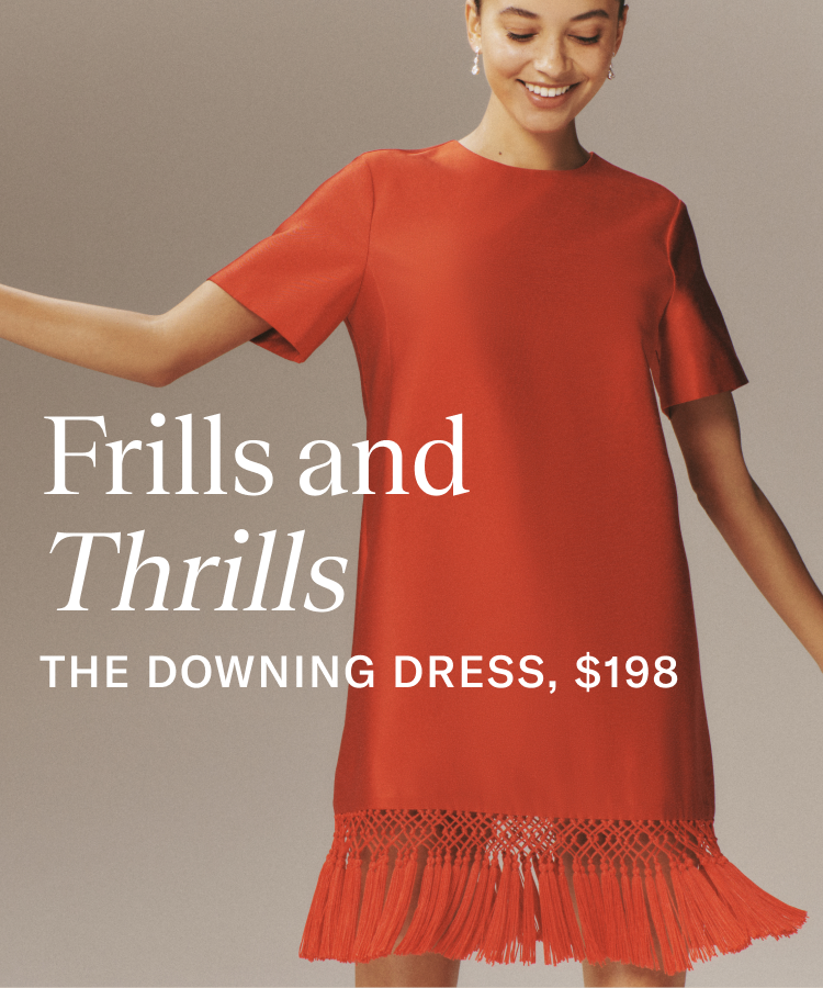 Woman in a red dress with tassels at the bottom. Copy on image reads frills and thrills, the downing dress, $99 