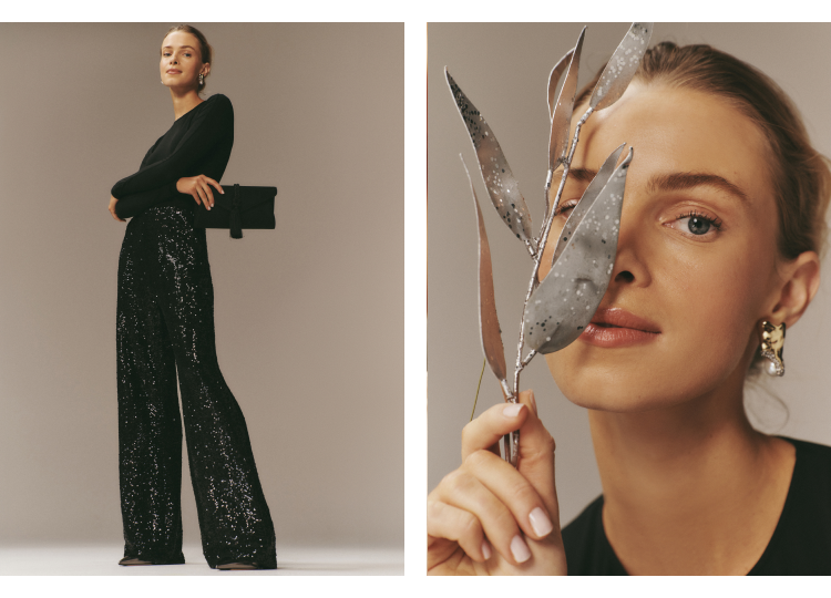 Woman in a black sweater and black sequined pants. 