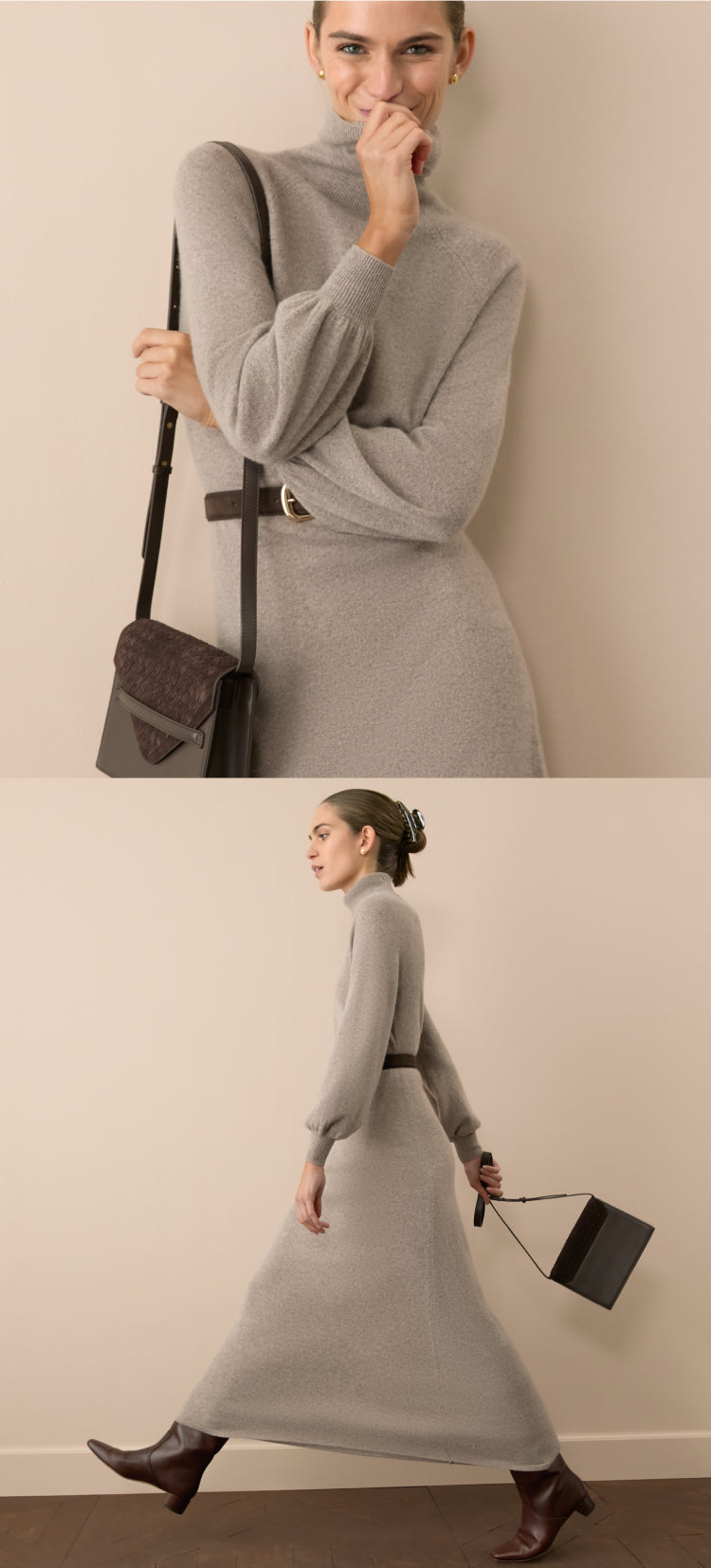 Woman in a gray sweater dress with a turtleneck and baloon sleeves. 