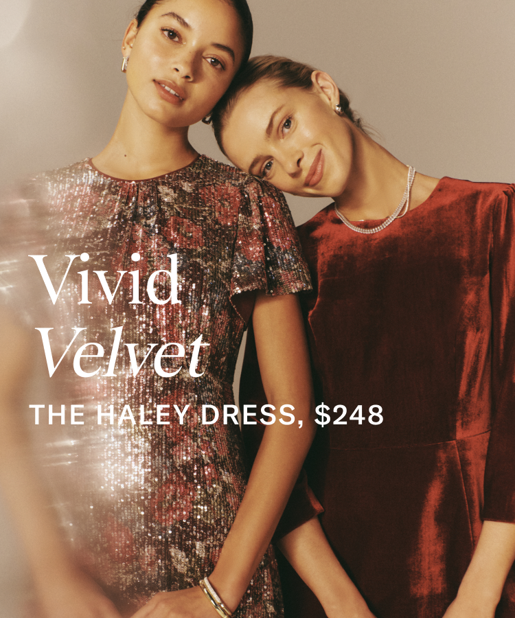 Two woman standing together. One in a sequined dress and the other in a red velvet dress. Copy on the image says Vivid velvet, the Haley dress, $124 