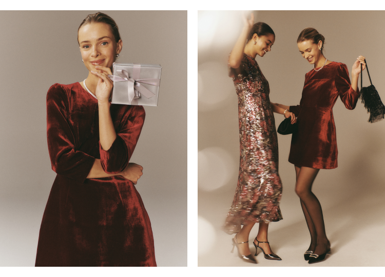 Image one: woman holding a silver present wearing a red velvet dress. Image two: two woman standing together. One is wearing a long sequined dress and the other is wearing a red velvet mini dress. 