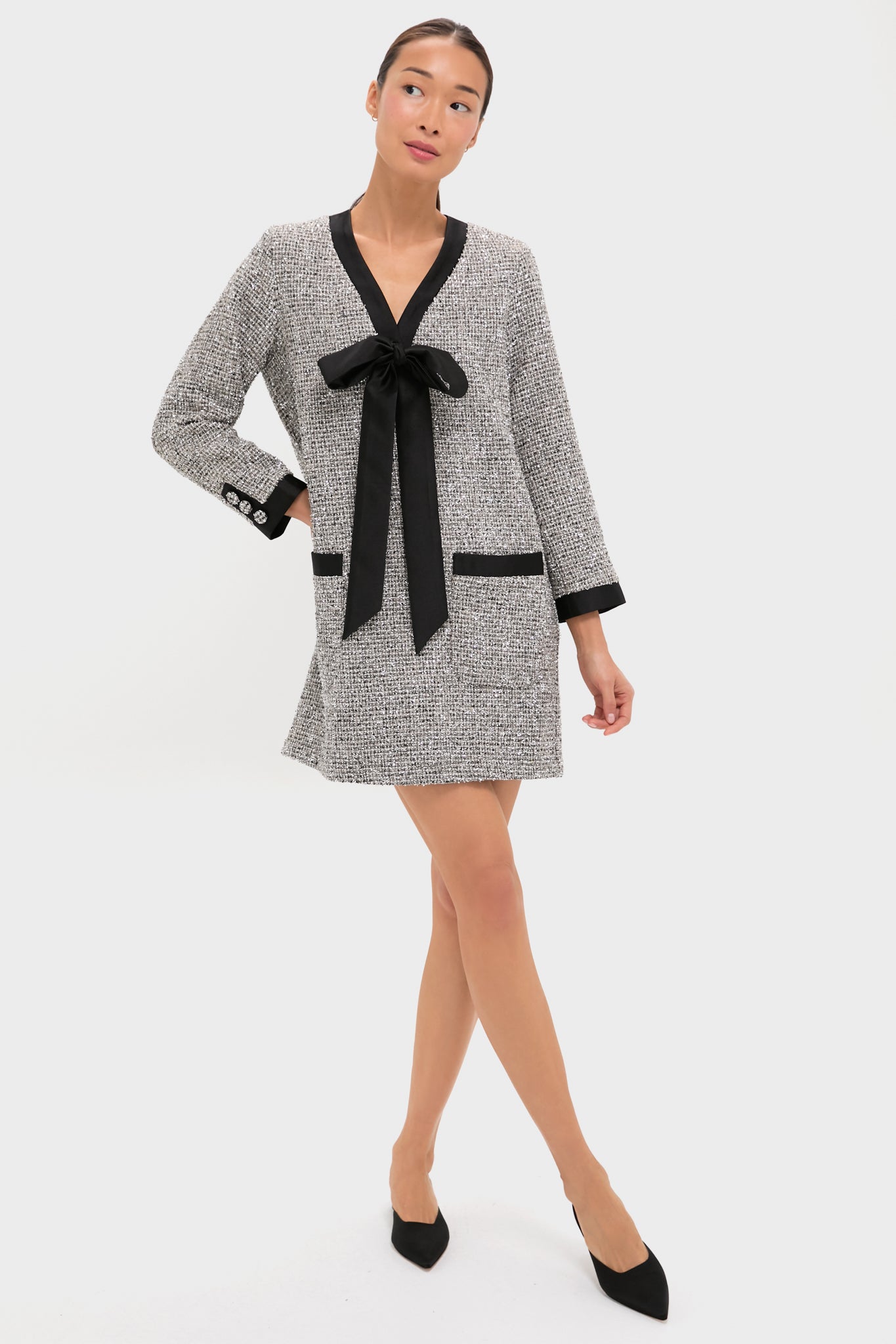 Silver Coco Tweed Bow Dress