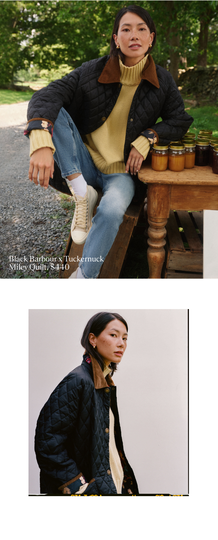 Image one: Woman sitting at a table with jam in a long black coat with a contrasting cord collar and a yellow sweater and jeans. Image two: Side view of woman in a black quilted coat with a contrasting cord collar. 