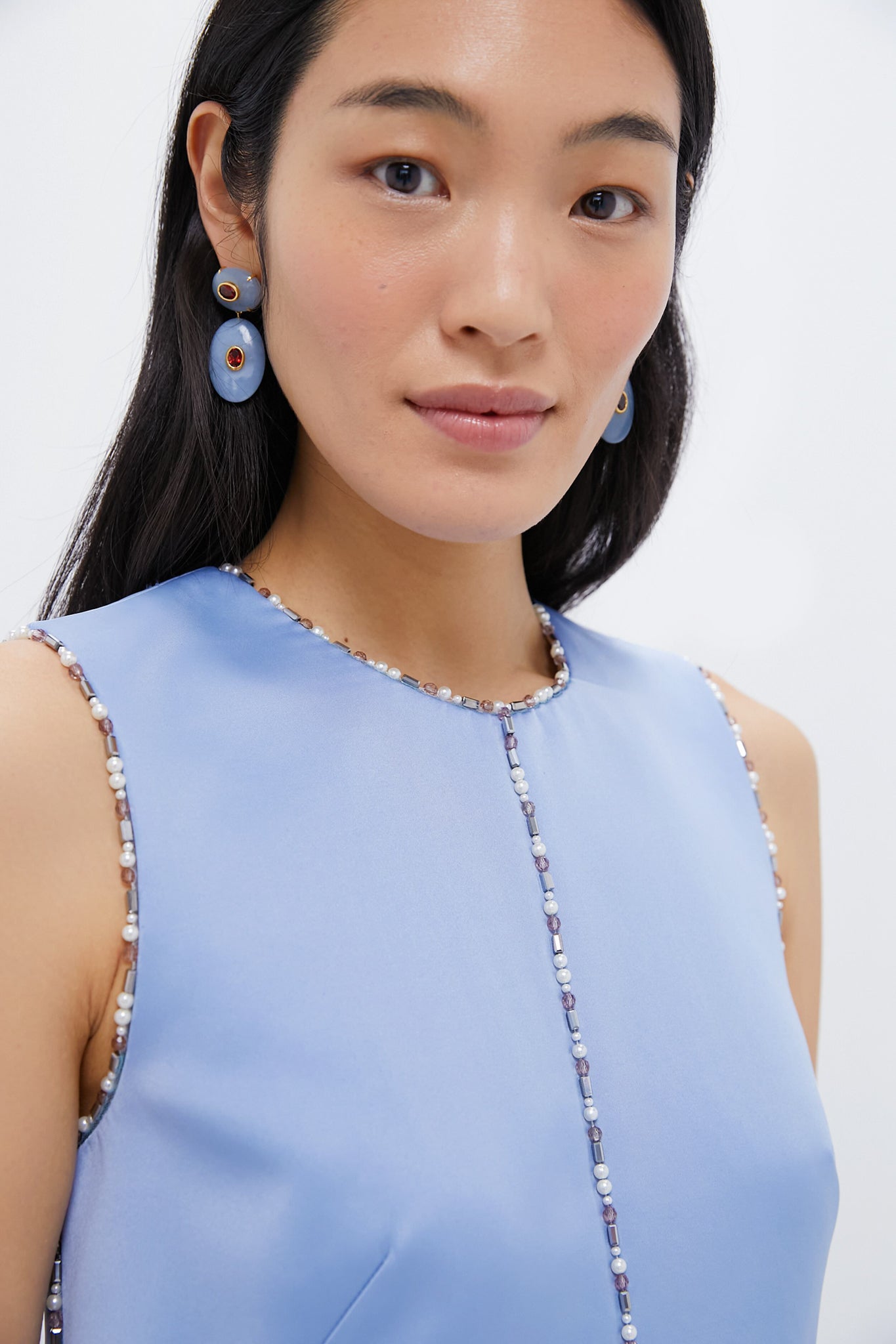 Baby Blue Amon Embroidered Doppio Satin Dress