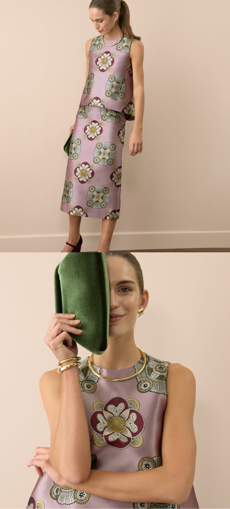 woman standing in a lilac geometric floral patterned tank and skirt. 