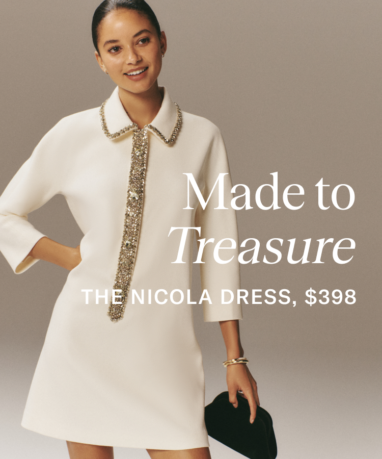 Woman in a white long-sleeved mini dress with sparkles on the collar. Copy on the image says made to treasure, the Nicola dress, $199 