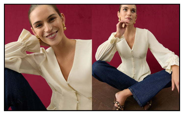 Woman in dark-washed jeans and a long-sleeved cream top. 