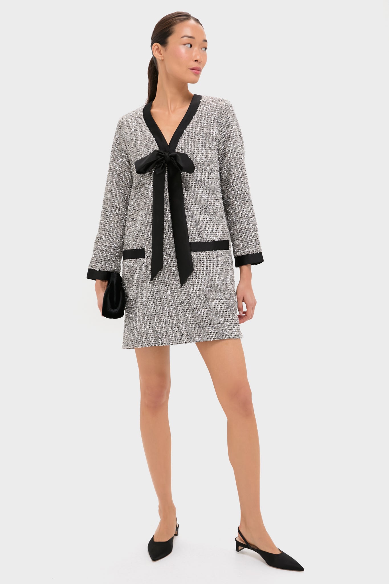 Silver Coco Tweed Bow Dress