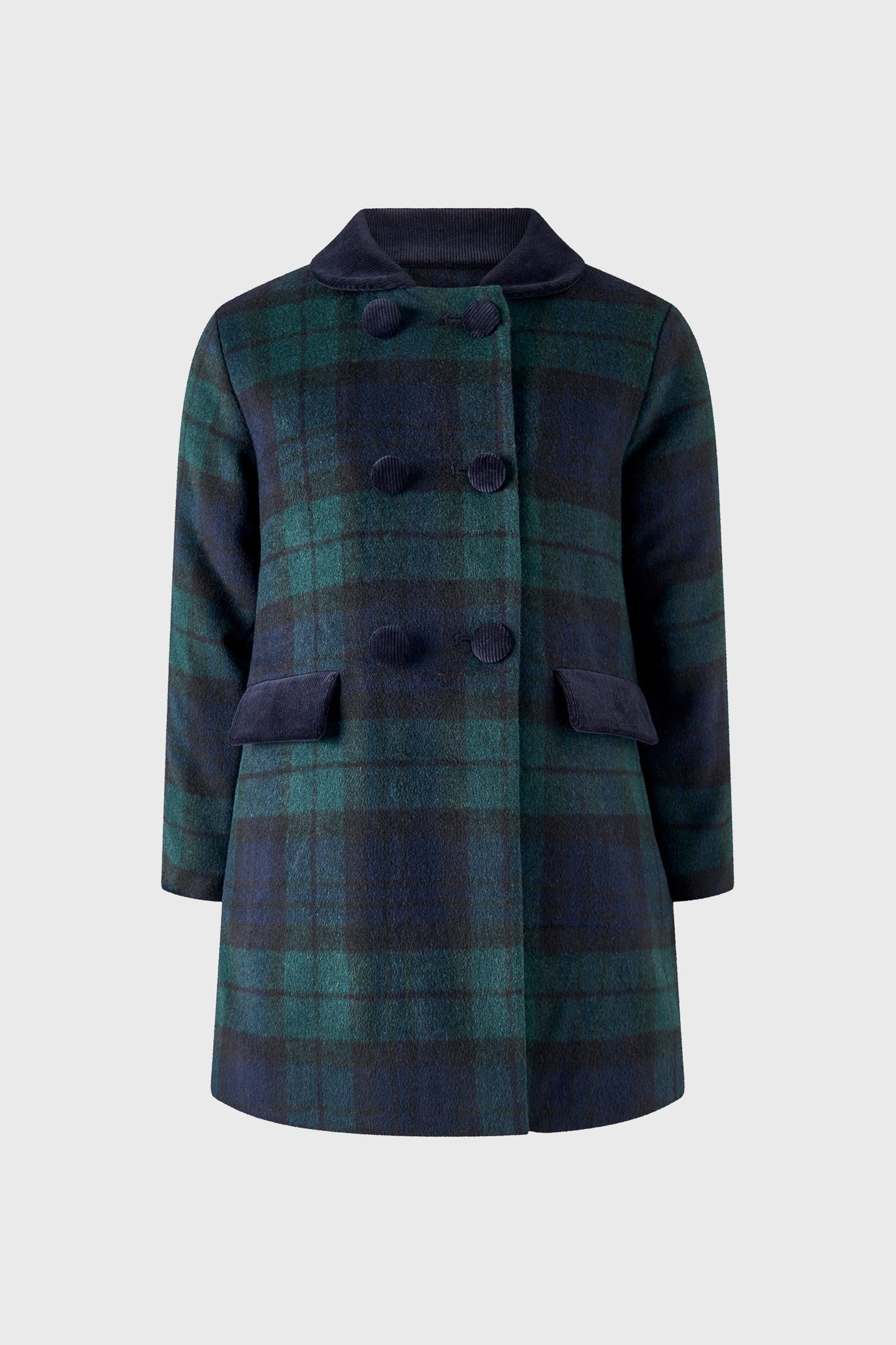 Rachel Riley Blackwatch Velvet Trim Coat in dark green and navy tartan features long sleeves, two front flap pockets, and a double-breasted button closure for timeless elegance.