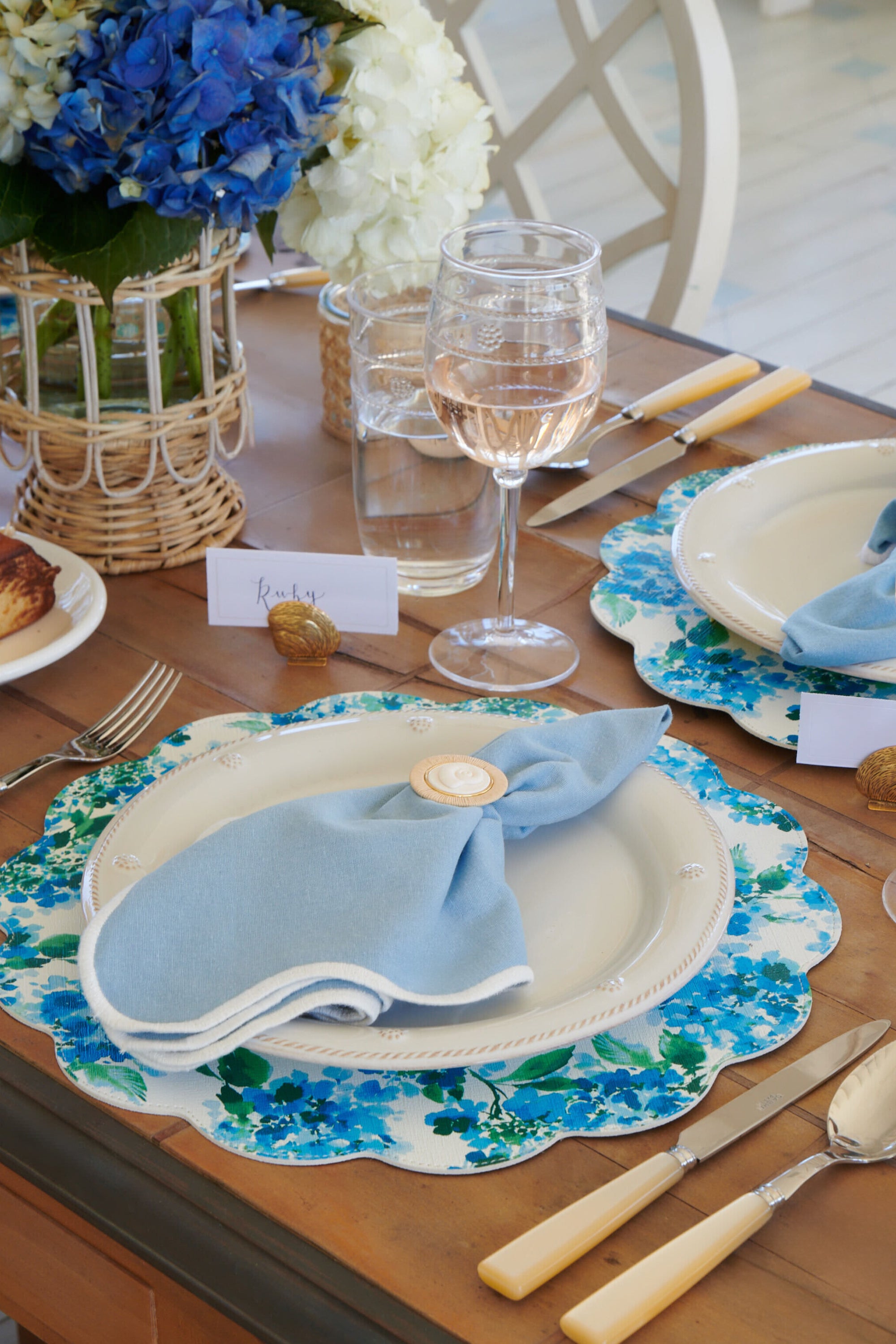 Dusty Blue and White Embroidered Scalloped Napkins Set of 4