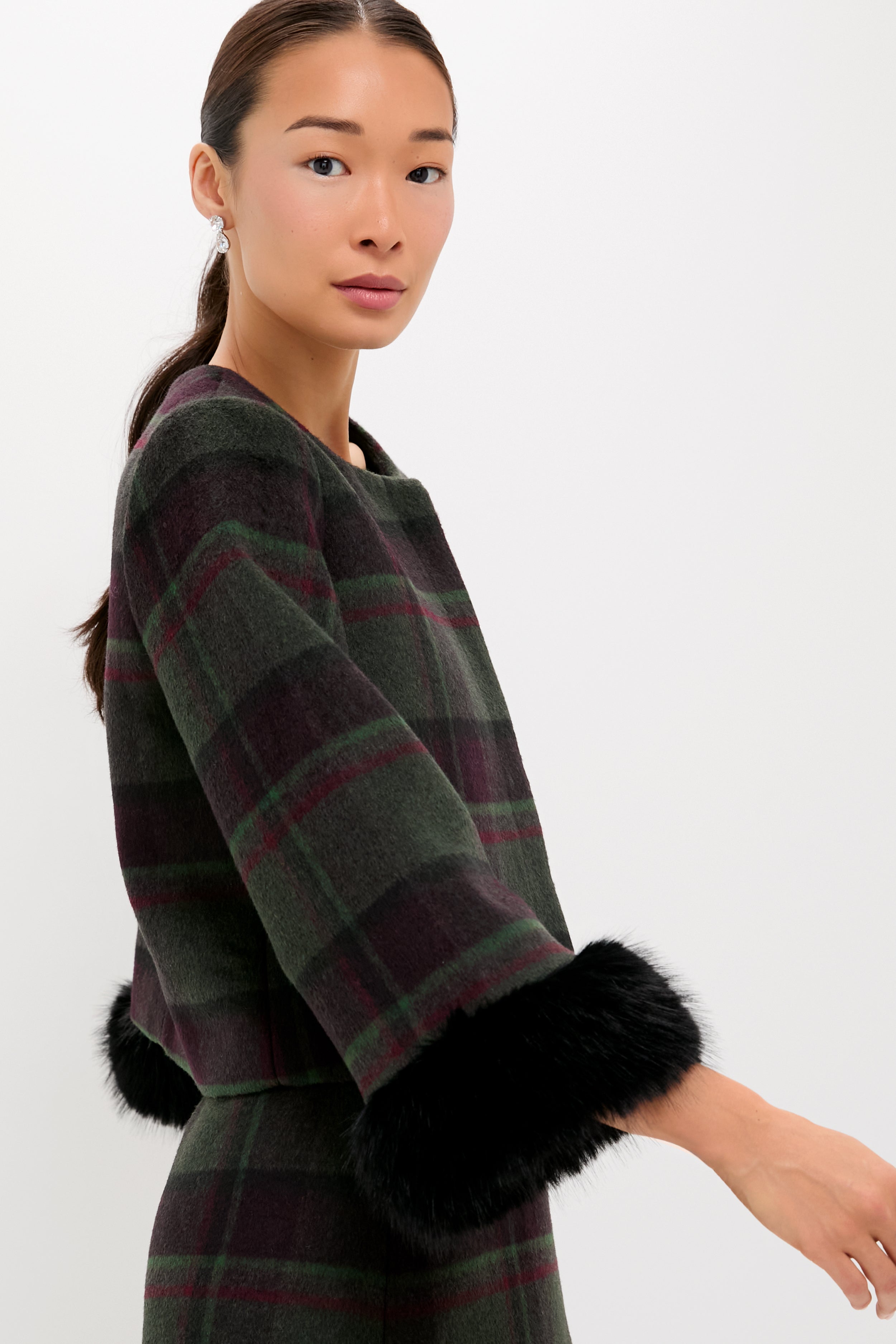Forest Plaid Wool Fur Cuff Maxine Jacket