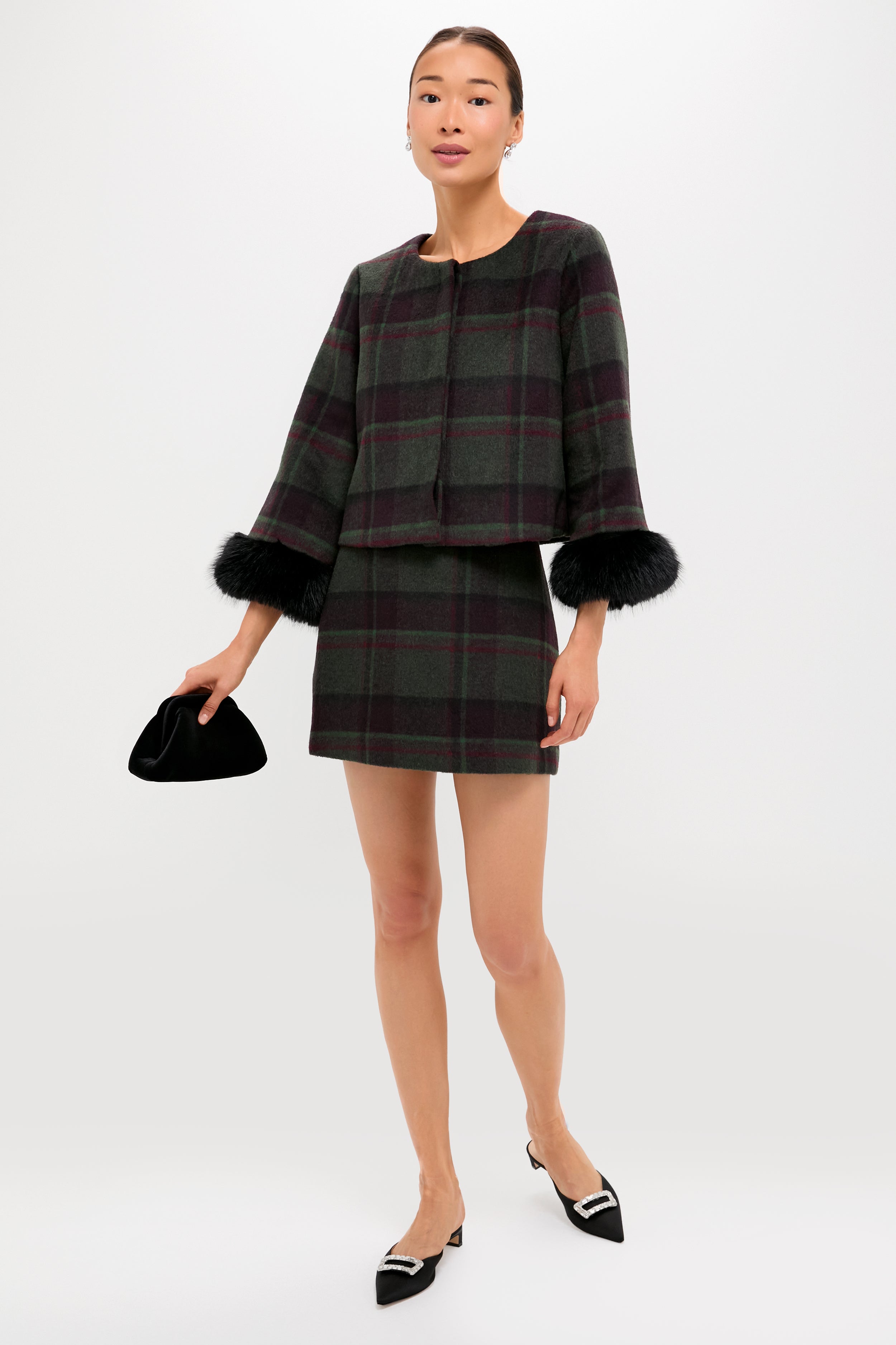 Forest Plaid Wool Fur Cuff Maxine Jacket