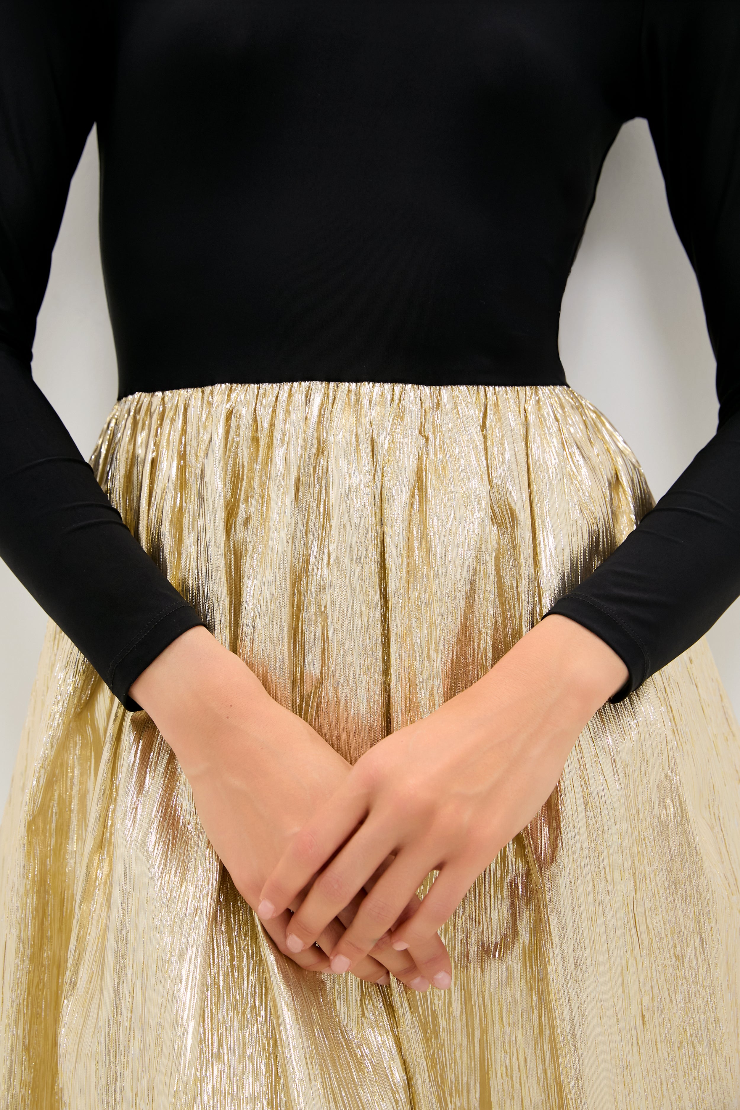 Gold Plisse & Black Mixed Media Schuyler Maxi Dress