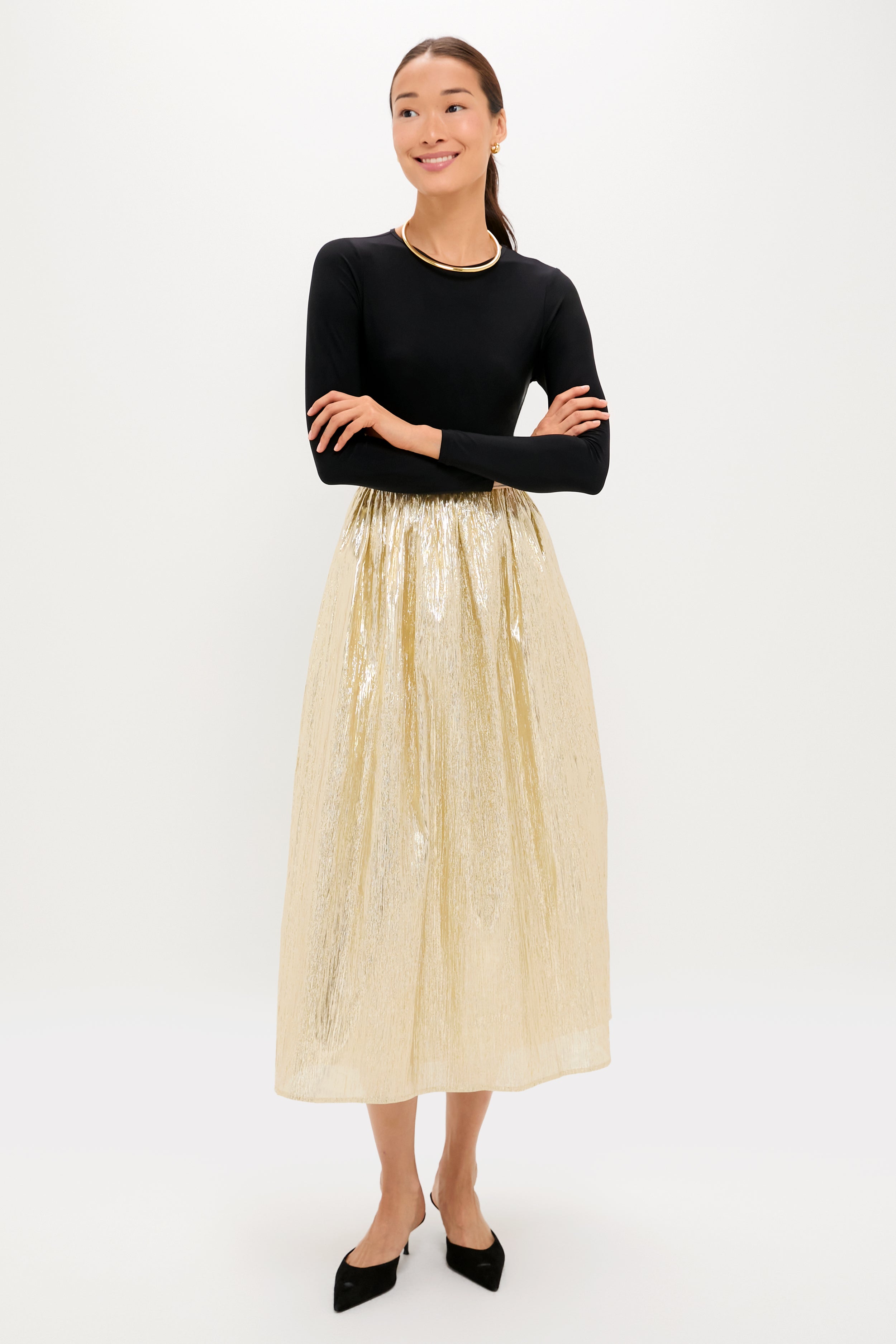 Gold Plisse & Black Mixed Media Schuyler Maxi Dress