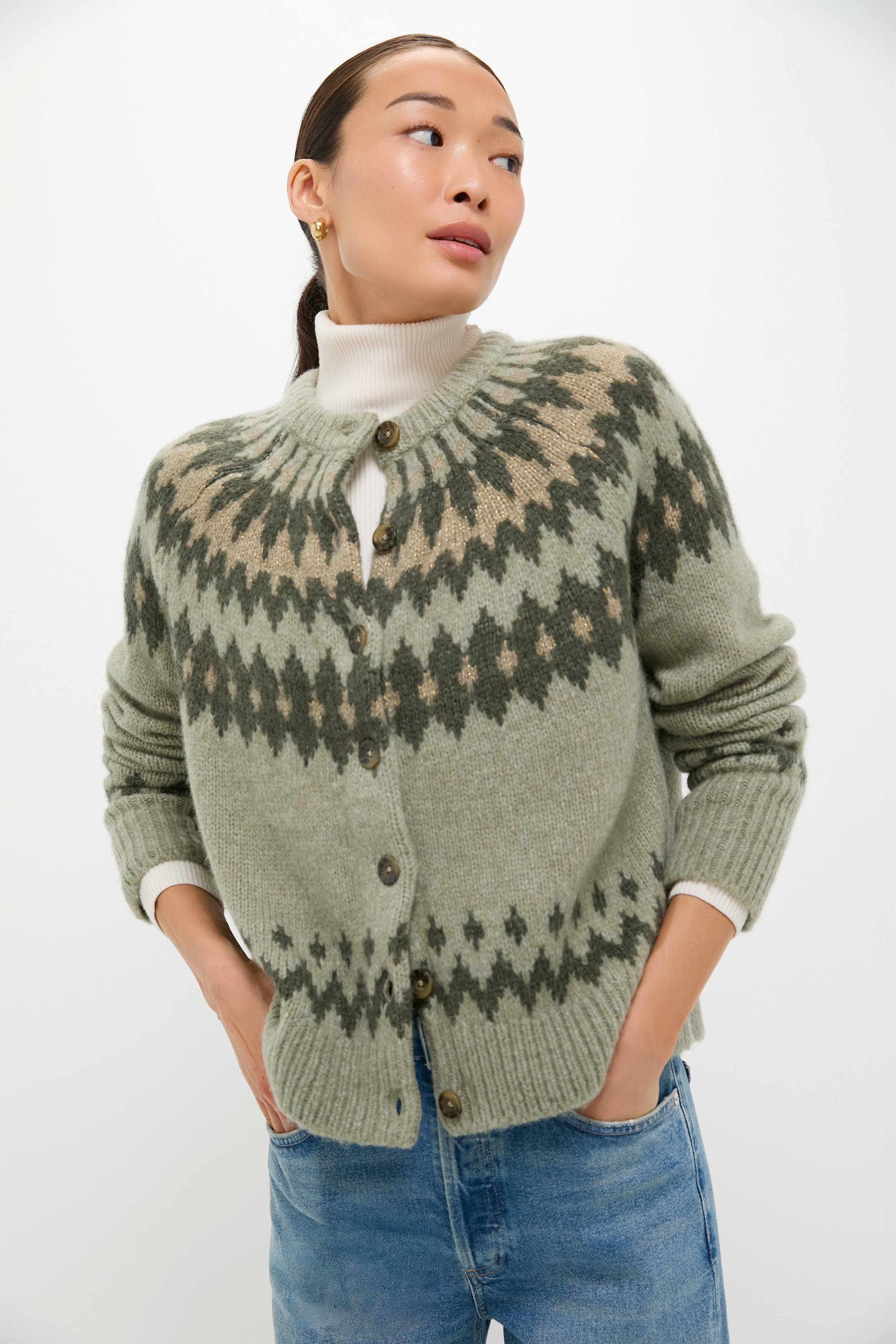 Fir Green Lurex Marlow Fair Isle Cardigan
