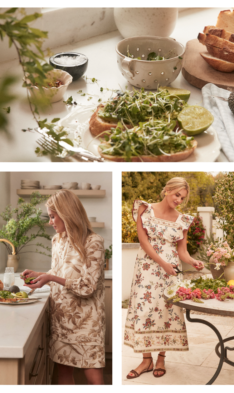Shea McGee in a long dress with a square neckline and flutter sleeves in a chintz pattern. Shea McGee in a cream and brown tropical pattered mini dress with long sleeves