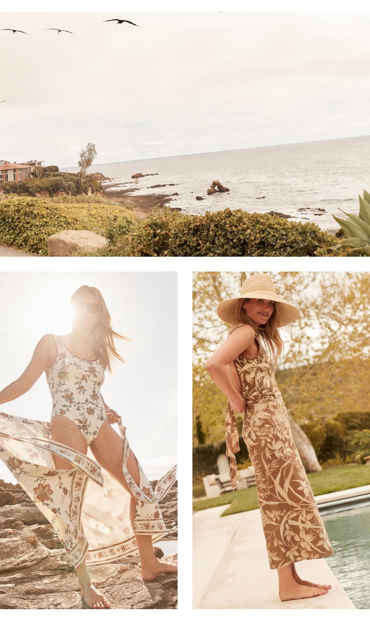 Shea McGee in a chintz patterned swimsuit holding a matching wrap skirt. Shea McGee in a swimsuit and matching wrap skirt in a tropical pattern 