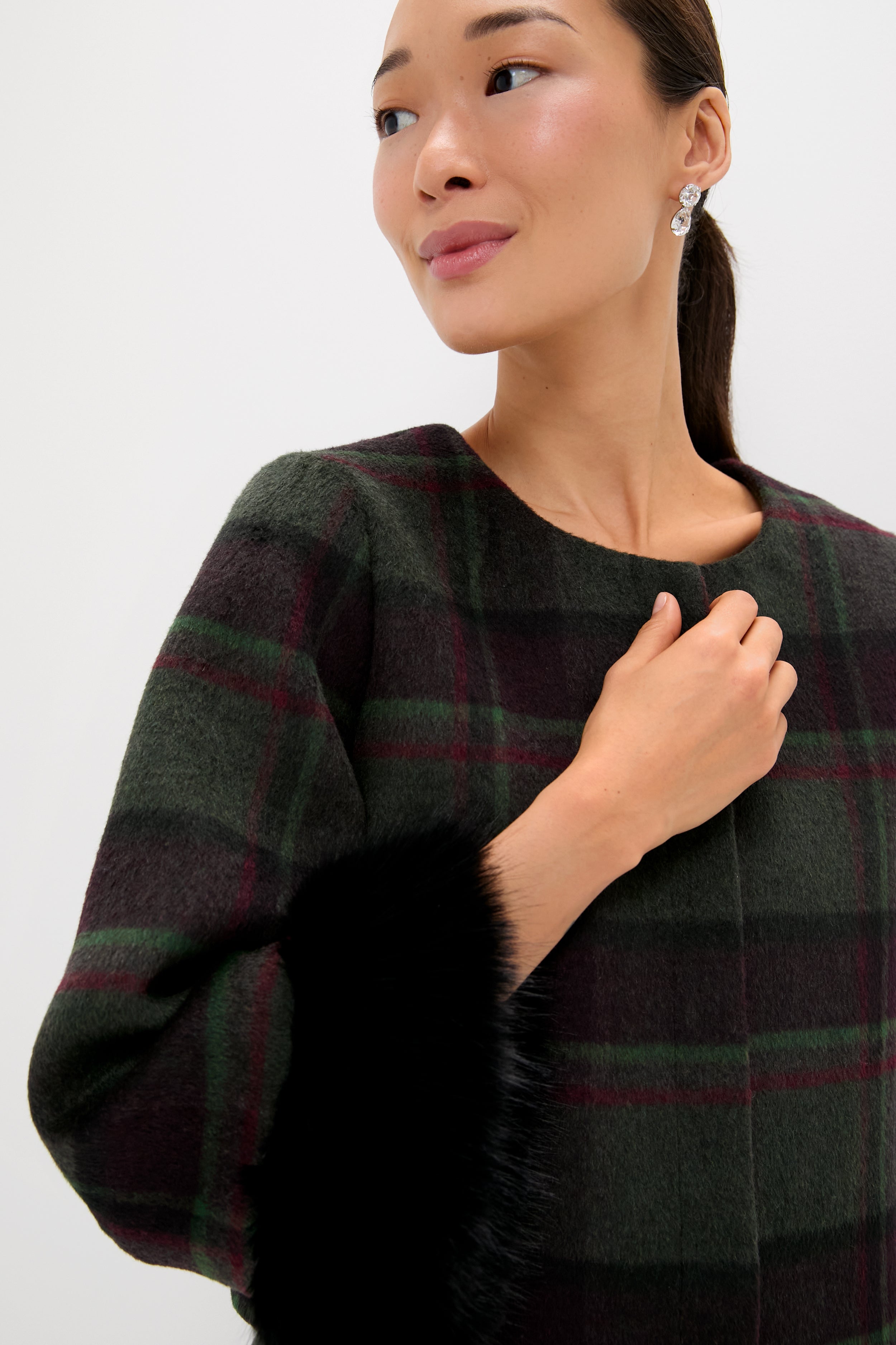 Forest Plaid Wool Fur Cuff Maxine Jacket