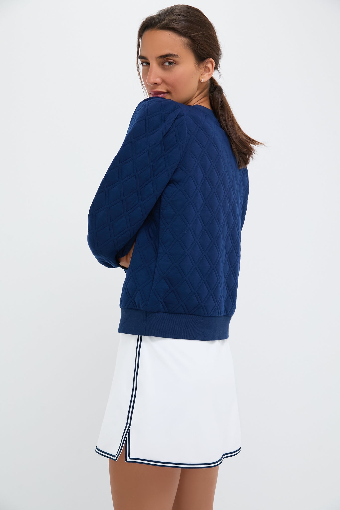 Navy Puff Sleeve Quilted Stretch Campbell Pullover