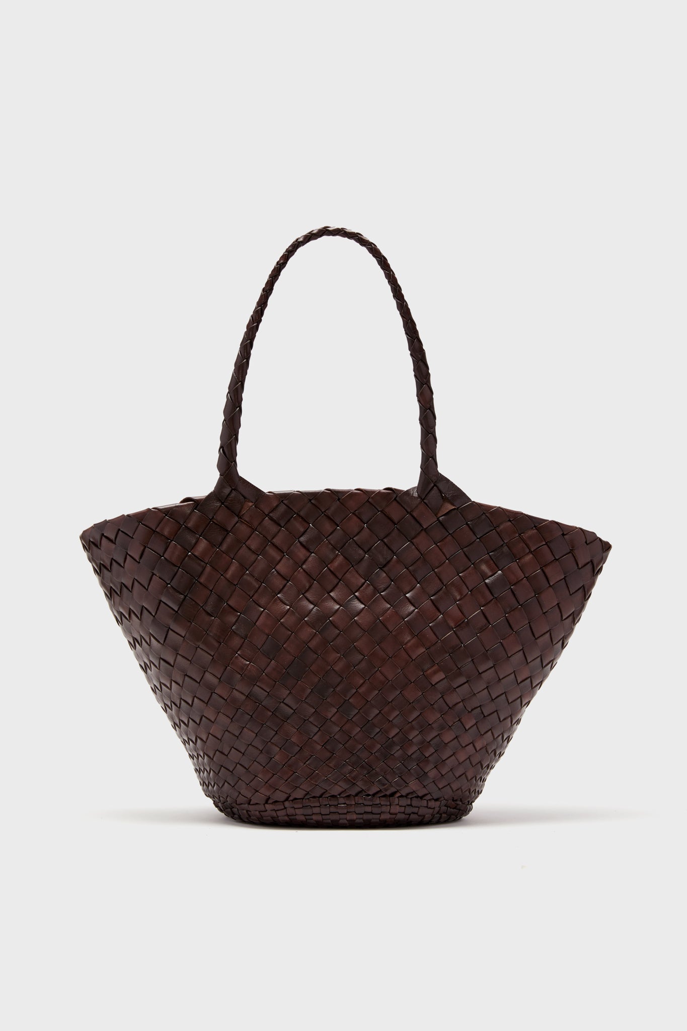 Dark brown hand-crafted woven leather Egola Bag by Dragon Diffusion, featuring two handles and made in India.