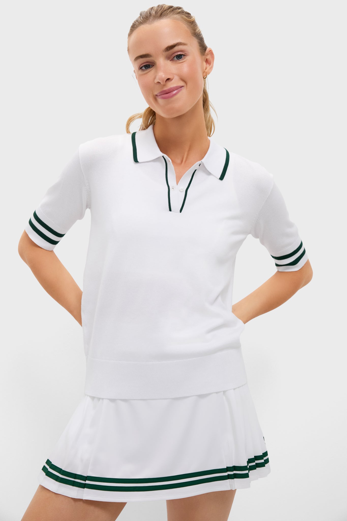 White and Green Short Sleeve Performance Knit Nora Sweater Polo